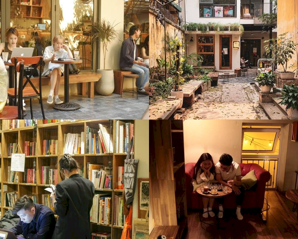 Shelves of books and soft jazz music make for a peaceful coffee retreat 